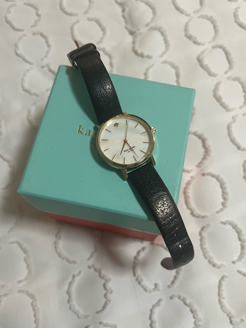 Kate Spade Gold-Tone Case Watch with Black Leather Strap and White Dial